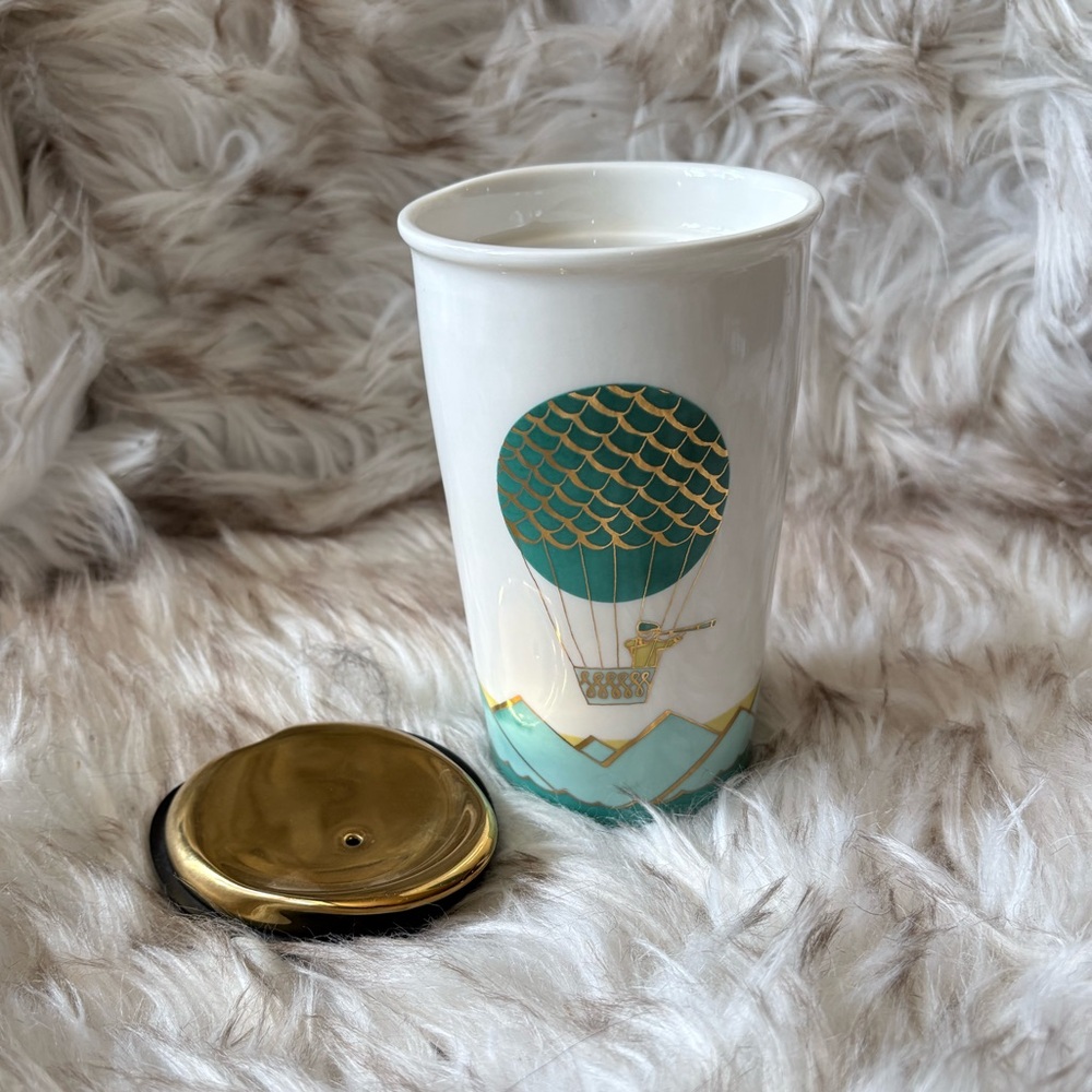 Starbucks Ceramic Mug with Gold Lid and Green Balloon Design